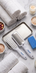 A curated top-down flatlay of professional pedicure tools and spa products, including metal callus rasps, cuticle nippers, a scraper, a metal tray, a blue pumice stone, rolled white towels, a bowl of bath salts, a bowl of dried flower petals, and a lit votive candle on a marble surface.