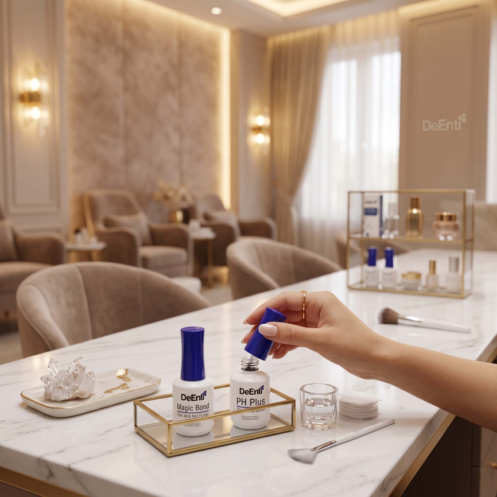 A close-up of a manicurist's hand opening a bottle of DeEnti PH Plus Premium Nail Bonder, sitting next to a bottle of DeEnti Magic Bond Non-Acid Nail Primer in a gold-trimmed tray. The products are on a white marble desk in a luxurious, warmly lit nail salon with plush seating in the blurred background.