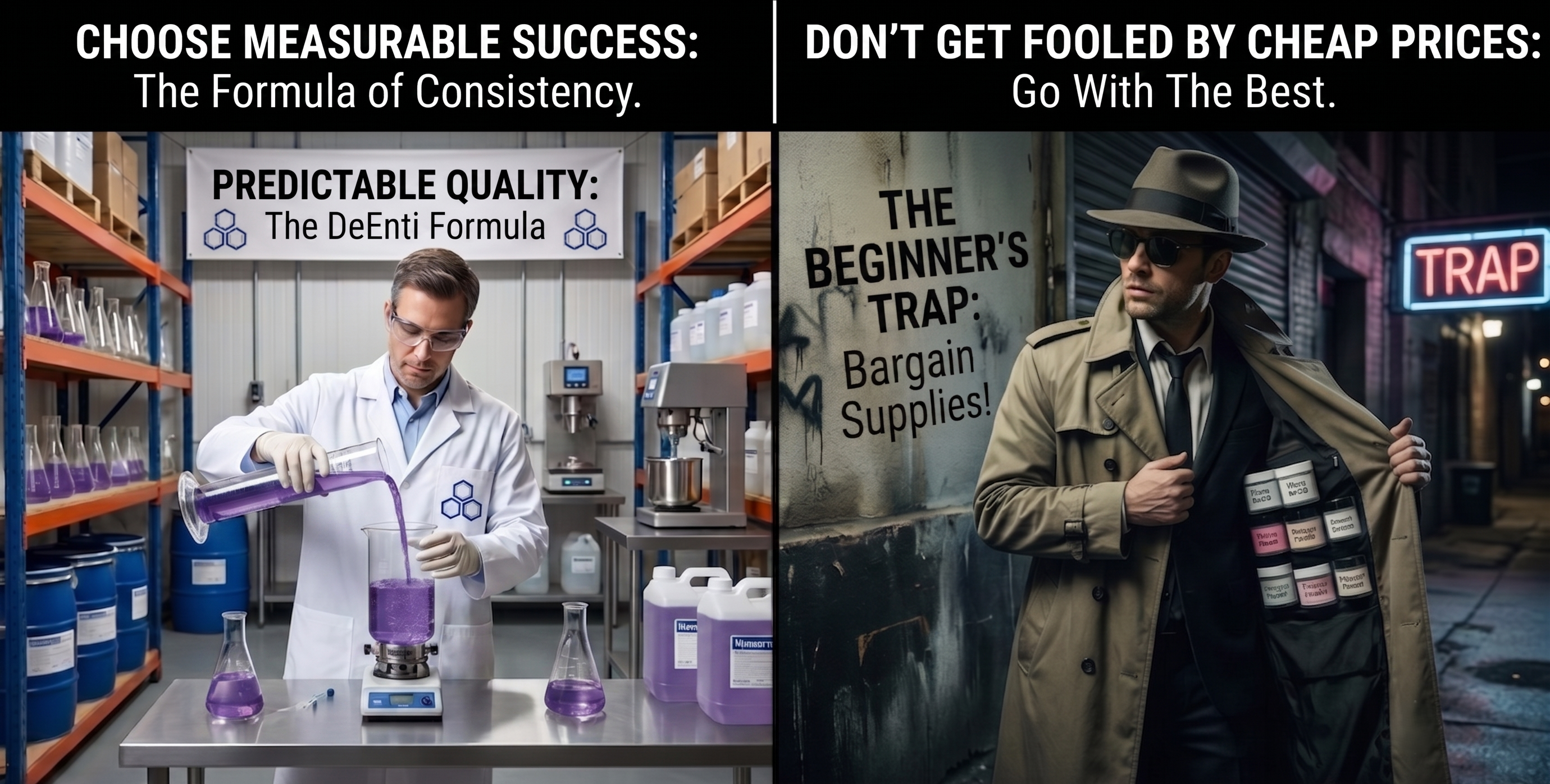 Side-by-side comparison of a professional DeEnti chemist formulating predictable acrylic monomers in a clean laboratory vs a shady alleyway vendor selling cheap bargain nail supplies, illustrating the beginner's trap in nail education.