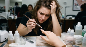 A frustrated, struggling beginner nail technician holding an acrylic brush and looking at a messy bead on a practice hand, surrounded by low-grade monomer and acrylic powder bottles.