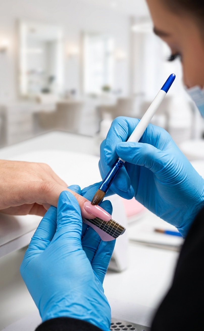 Professional nail technician wearing blue gloves using a DeEnti Kolinsky brush to sculpt pink acrylic on a nail form.