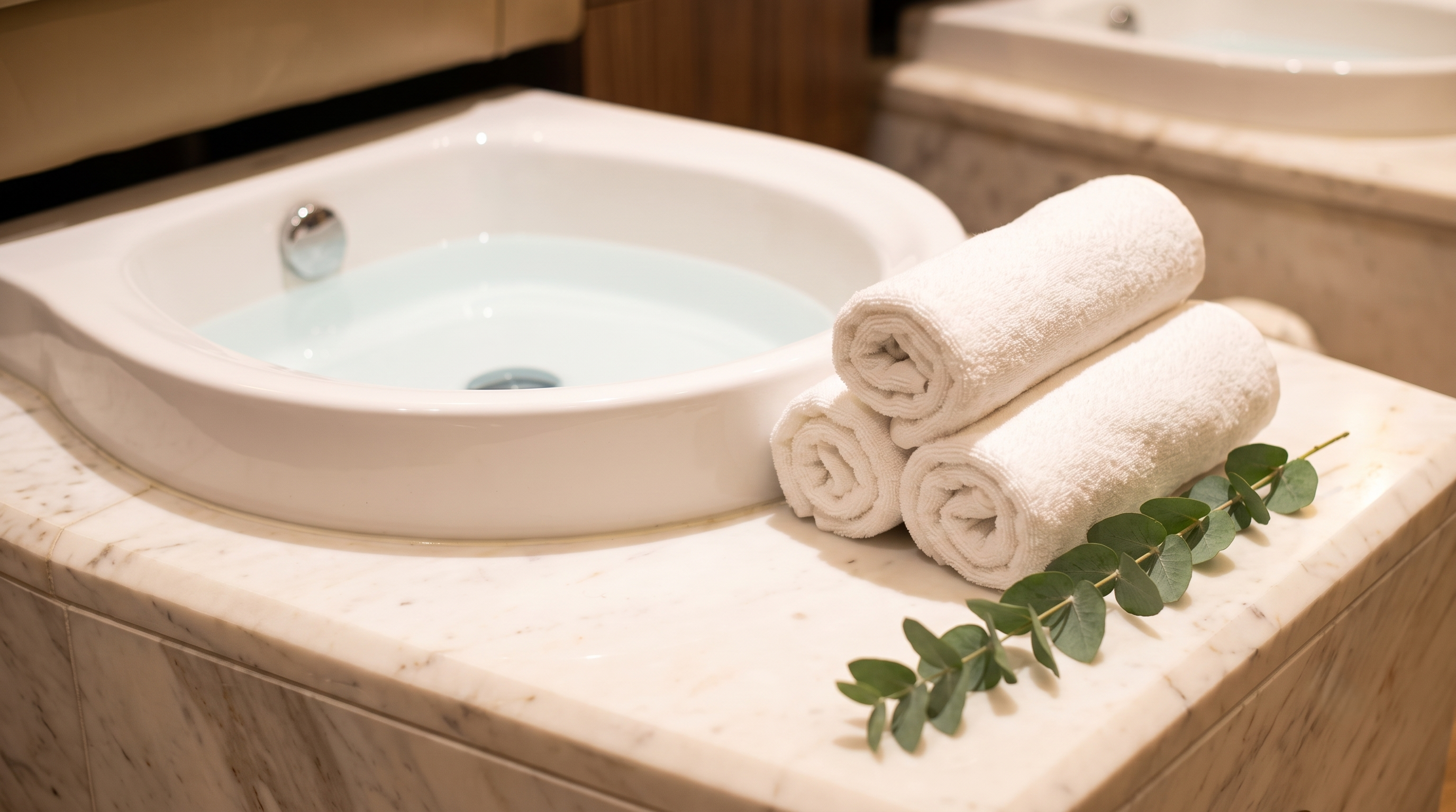 Clean, luxurious salon pedicure sink filled with water, featuring folded white towels and fresh eucalyptus leaves.