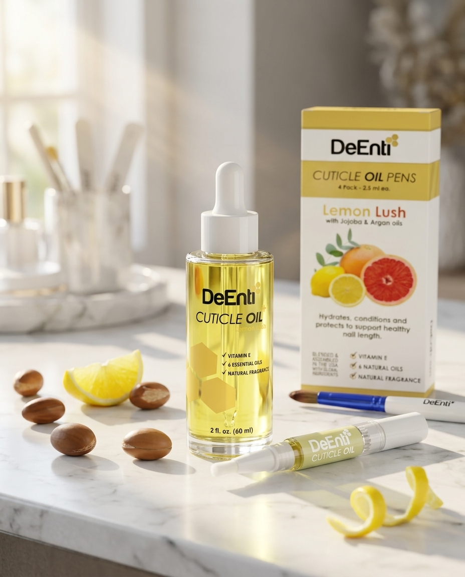 DeEnterprises Lemon Lush hydrating cuticle oil in a 2 oz glass bottle and applicator pen, resting on a pristine white marble salon desk.