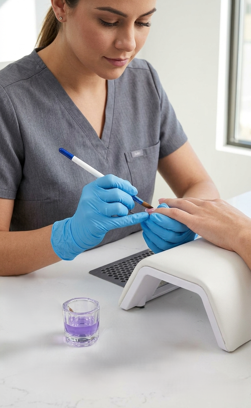 Close-up macro photo showing a DeEnti technician in blue gloves using a Kolinsky 8 brush with precise neutral wrist alignment on a model's nail elevated into the neutral sightline by an ergonomic armrest