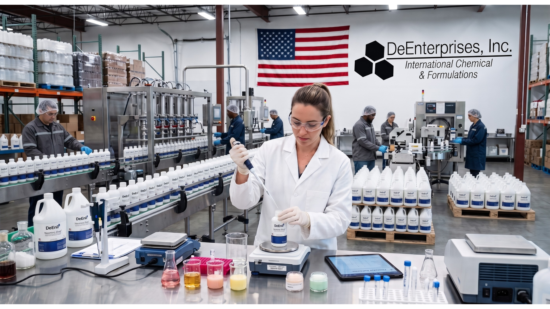 DeEnterprises' West Chicago beauty manufacturing warehouse featuring an active bottling line, US flag, and chemist testing Nomma Plus liquid.