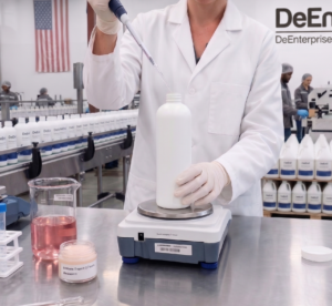 Chemist in a lab coat performing quality control testing and weighing formulations at a US beauty manufacturing facility.